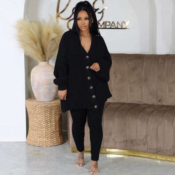 Women Cable Knit Sweater Set Fall 2 Piece Outfits Button Down Cardigan Lounge Set