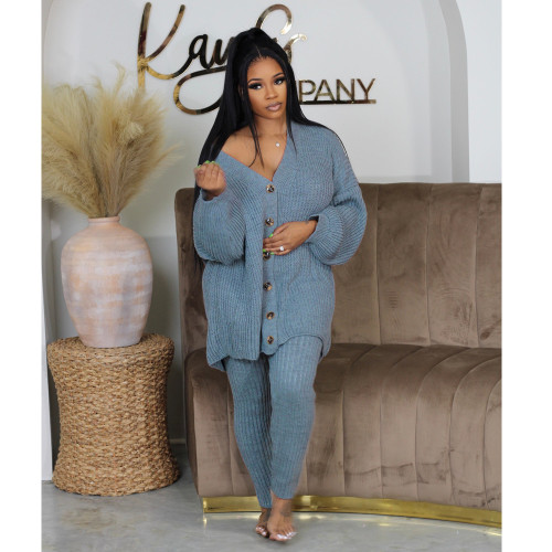 Women Cable Knit Sweater Set Fall 2 Piece Outfits Button Down Cardigan Lounge Set