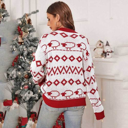 Autumn/Winter Christmas Outfit Red V-Neck Loose Pullover Knitted Sweater