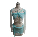 Solid Sequin Crochet 3 Piece Y2K Crop Top Knitted Fashion Sparkle Mini Skirts