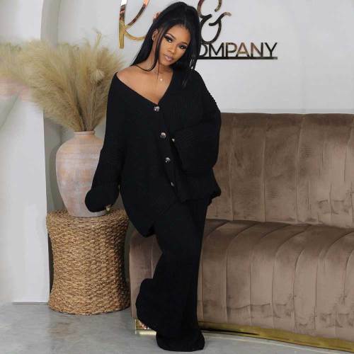 Women Knit Sweater Set Fall 2 Piece Outfits Button Down Wide leg Lounge Set