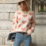 Womens Holiday Long Sleeve Round Neck Heart Sweater