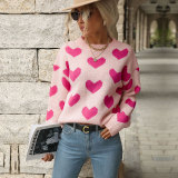 Womens Holiday Long Sleeve Round Neck Heart Sweater