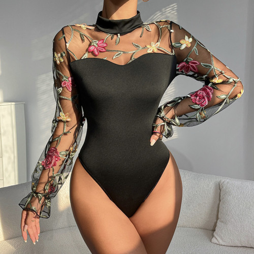 Women's Embroidered Floral Mesh Long Sleeve Round Neck Skinny Bodysuit