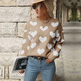 Womens Holiday Long Sleeve Round Neck Heart Sweater
