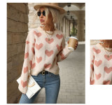 Womens Holiday Long Sleeve Round Neck Heart Sweater