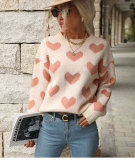 Womens Holiday Long Sleeve Round Neck Heart Sweater