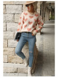 Womens Holiday Long Sleeve Round Neck Heart Sweater