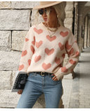 Womens Holiday Long Sleeve Round Neck Heart Sweater