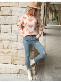 Womens Holiday Long Sleeve Round Neck Heart Sweater