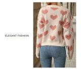 Womens Holiday Long Sleeve Round Neck Heart Sweater