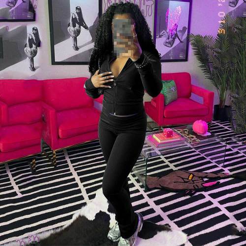 Sports Casual Zipper High Neck Tight Velvet Long Pant Set