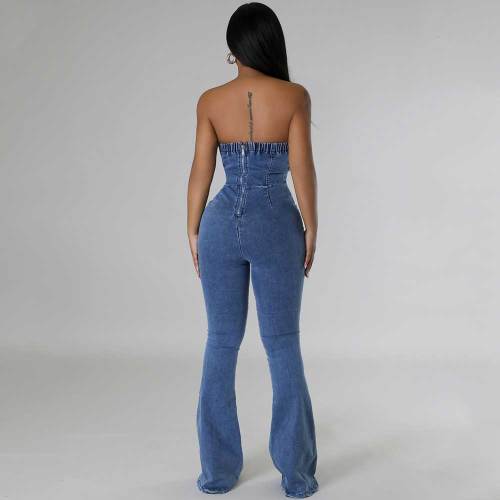Sexy Bandeau Backless Adjustable Drawstring Denim Jumpsuit