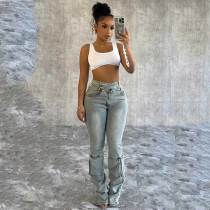 High Waisted Cargo Jeans Cutout Criss Cross Waist Stretchy Denim Pants