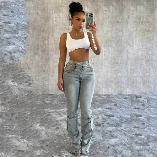 High Waisted Cargo Jeans Cutout Criss Cross Waist Stretchy Denim Pants