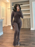 Casual Tight Long Sleeve Zipper High Neck Flared Two Piece