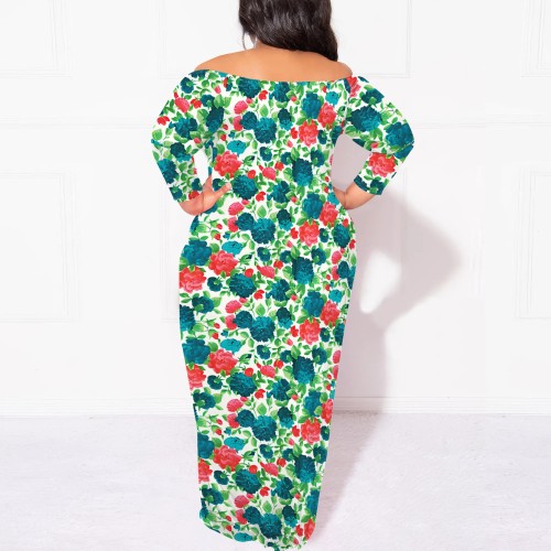 1 Piece Custom Casual Digital Printing Off Shoulder Plus Size Maxi Dress