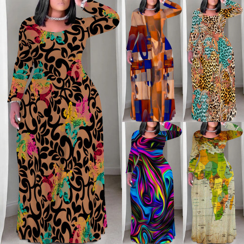 1 Piece Custom Casual Digital Printing Scoop Neck Plus Size Maxi Dress