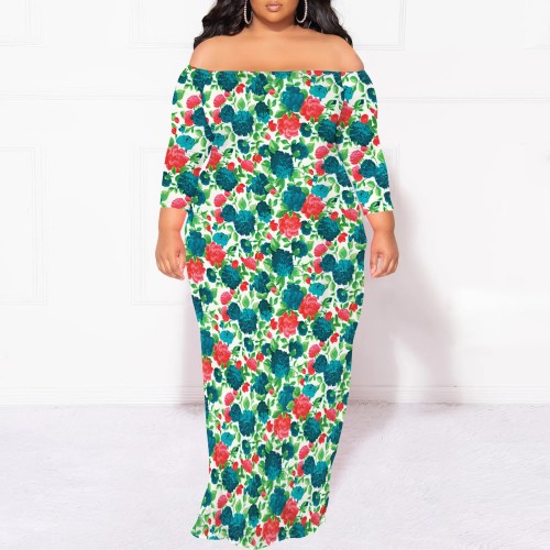 1 Piece Custom Casual Digital Printing Off Shoulder Plus Size Maxi Dress