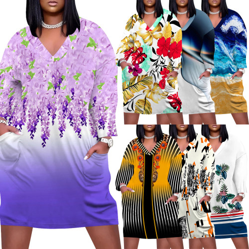 1 Piece Custom Casual Digital Printing V Neck Plus Size Midi Dress