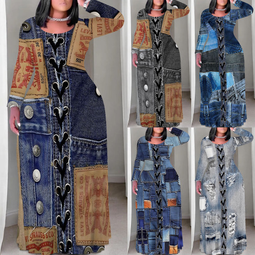 1 Piece Custom Casual Digital Printing Scoop Neck Plus Size Maxi Dress