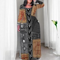 1 Piece Custom Casual Digital Printing Scoop Neck Plus Size Maxi Dress