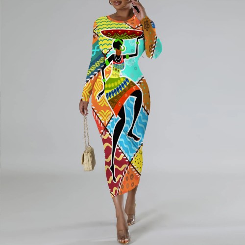 1 Piece Custom Casual Digital Printing Long Sleeve Midi Dresses