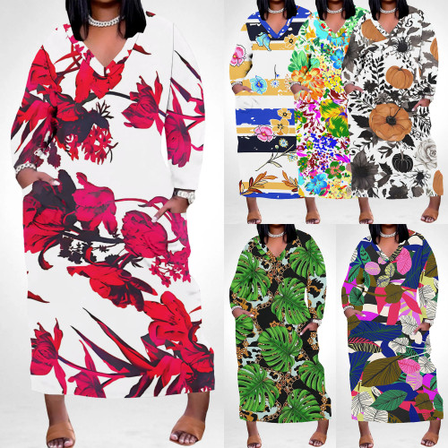 1 Piece Custom Casual Digital Printing V Neck Plus Size Long Dress