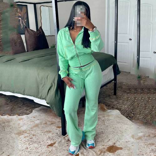 Waffle Tracksuits 2 Piece Outfits Zipper  Top Flared Sweatsuits