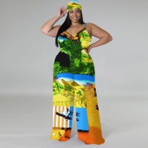 1 Piece Custom Casual Digital Printing Plus Size One Piece Jumpsuits with Scarf