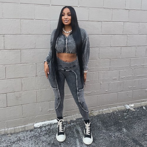 Women's Washed Distressed Casual Fashion Crop Top Suit