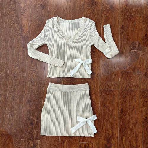 Casual Sweater Bow V-neck Knitted High Elastic Skirt Suit
