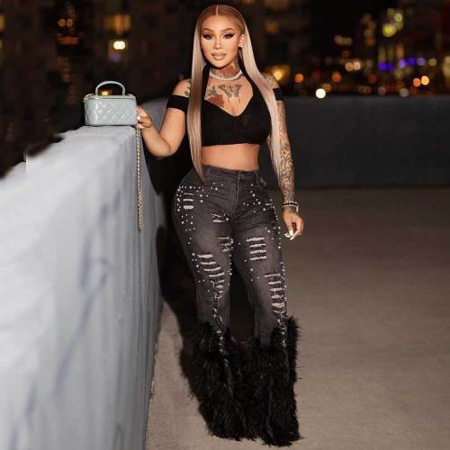 Women Beaded Bell Bottom Jeans Fluffy Feather Ripped Stretch Denim Pants