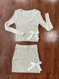 Casual Sweater Bow V-neck Knitted High Elastic Skirt Suit