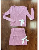Casual Sweater Bow V-neck Knitted High Elastic Skirt Suit