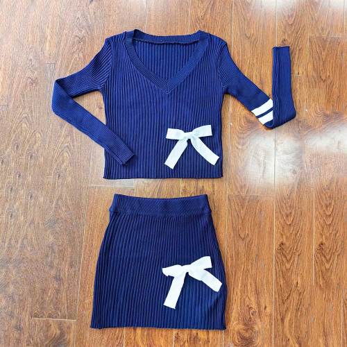Casual Sweater Bow V-neck Knitted High Elastic Skirt Suit