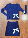 Casual Sweater Bow V-neck Knitted High Elastic Skirt Suit