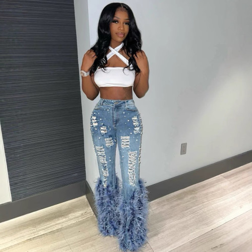 Women Beaded Bell Bottom Jeans Fluffy Feather Ripped Stretch Denim Pants