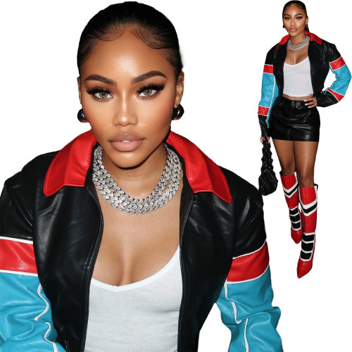 Women Lined Motorcycle Stitching Contrast Color Faux Leather Jacket Coat