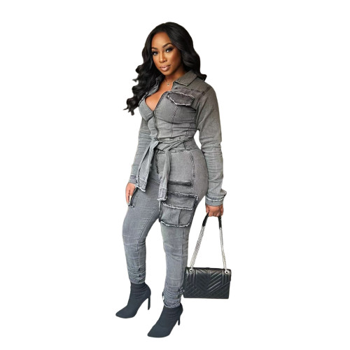 Denim Lace-Up Elastic Slim Waist Jumpsuit
