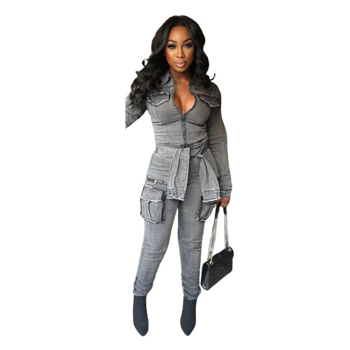 Denim Lace-Up Elastic Slim Waist Jumpsuit
