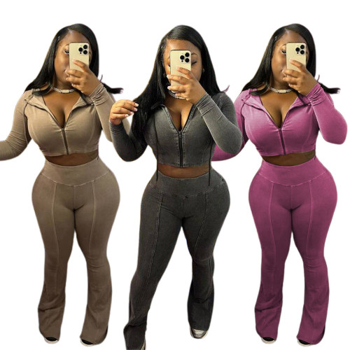 Solid Color Distressed Women's Slit Trousers Set