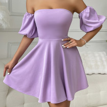 Lavender Solid Off Shoulder Puff Sleeve Tie Backless Dress