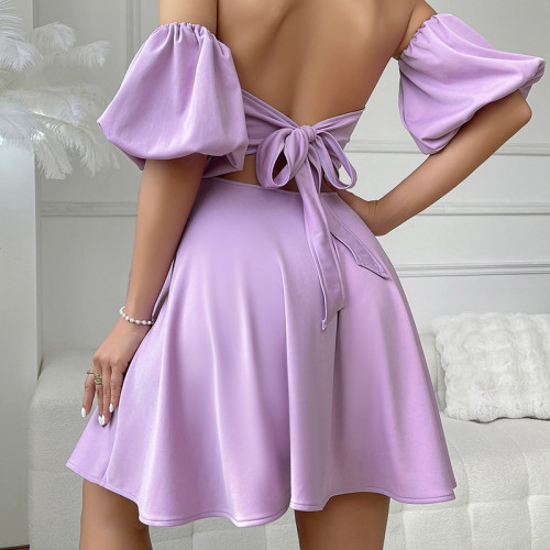 Lavender Solid Off Shoulder Puff Sleeve Tie Backless Dress