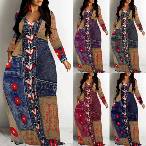 1 Piece Custom Casual Digital Printing V Neck Long Dresses