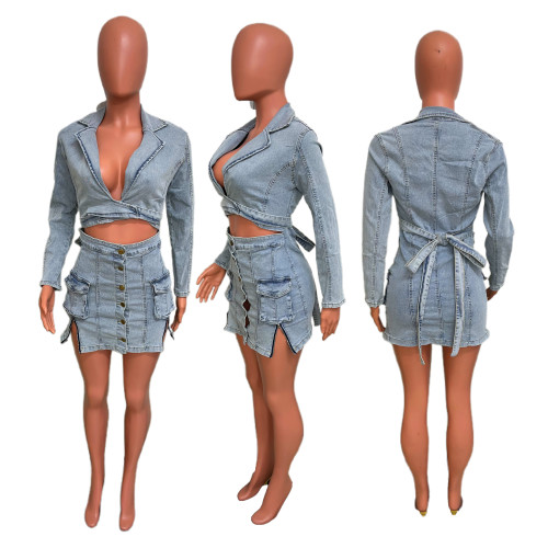 Fake Two Piece Long Sleeve Button Up Denim Cutout Wrap Mini Dress