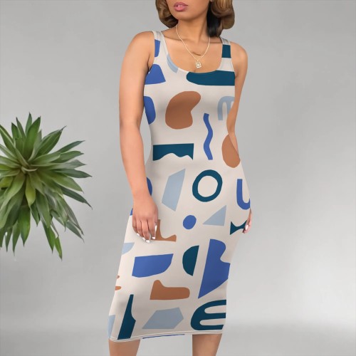 1 Piece Custom Casual Digital Printing U Neck Sleeveless Midi Dresses