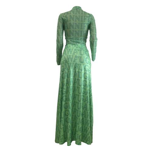 Solid Long Sleeve Mesh Top & Pleated Long Skirt