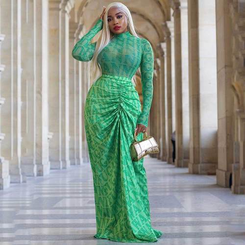 Solid Long Sleeve Mesh Top & Pleated Long Skirt