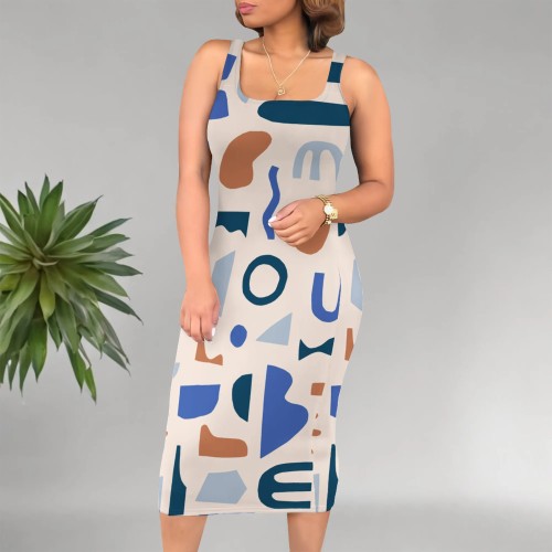 1 Piece Custom Casual Digital Printing U Neck Sleeveless Midi Dresses